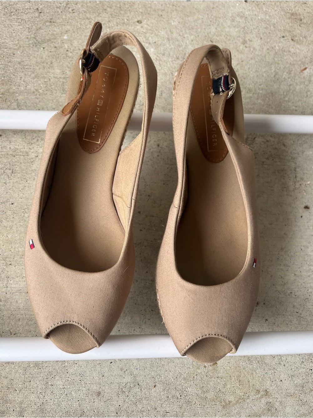 Tommy Hilfiger Neutral Beige Peep-Toe Slingback Wedges